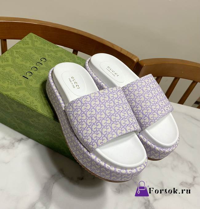 Fortok Gucci GG Platform Slide Sandal Purple Canvas Jacquard - 1