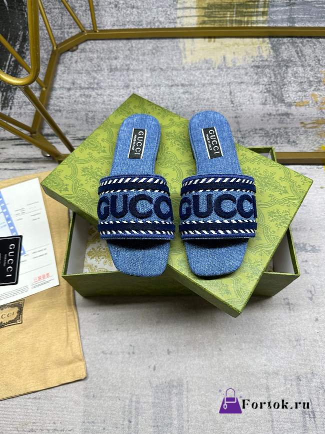 Fortok Gucci Dark Blue Demim Slide Sandak With Gucci Script - 1