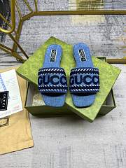 Fortok Gucci Dark Blue Demim Slide Sandak With Gucci Script - 1