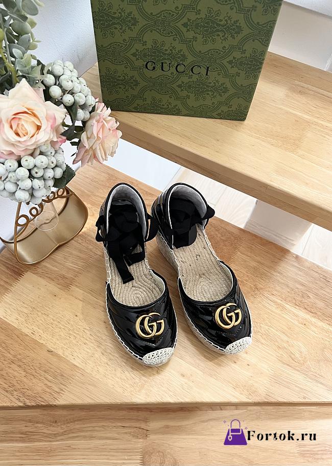 Fortok Gucci Leather Platform Espadrille Black Matelassé Leather - 1