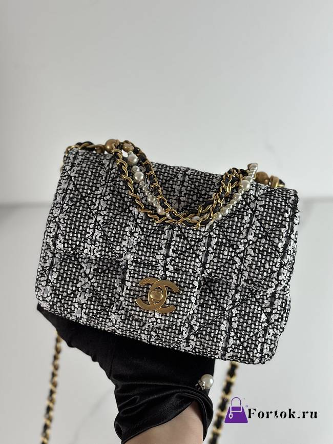 Fortok Chanel Mini Flap Bag Black Cotton Tweed, Imitation Pearls & Gold Metal - 1