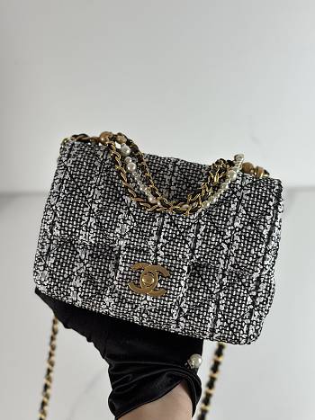 Fortok Chanel Mini Flap Bag Black Cotton Tweed, Imitation Pearls & Gold Metal