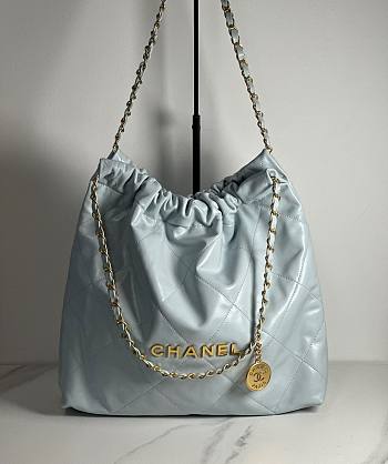 Fortok Chanel 22 Shiny Calfskin Bag Light Blue 35cm