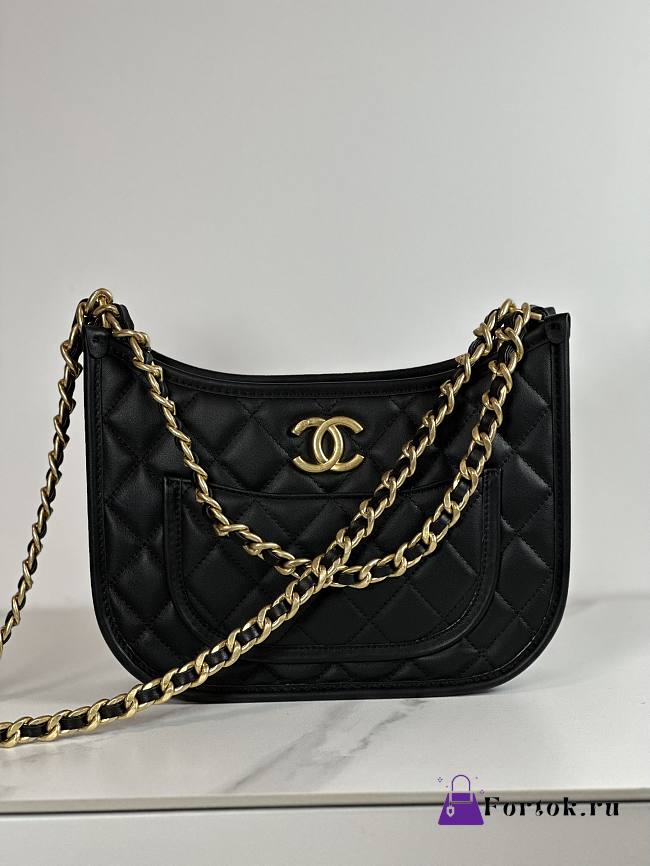 Fortok Chanel Hobo Handbag Calfskin & Gold-Tone Metal Black 20×24×6cm - 1