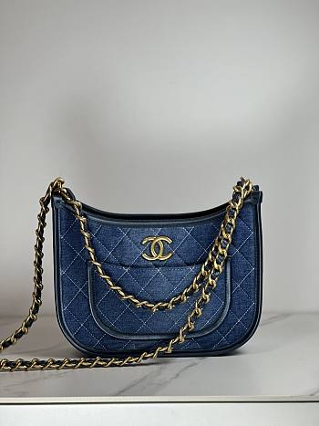 Fortok Chanel Hobo Handbag Calfskin & Gold-Tone Metal Blue Denim 20×24×6cm