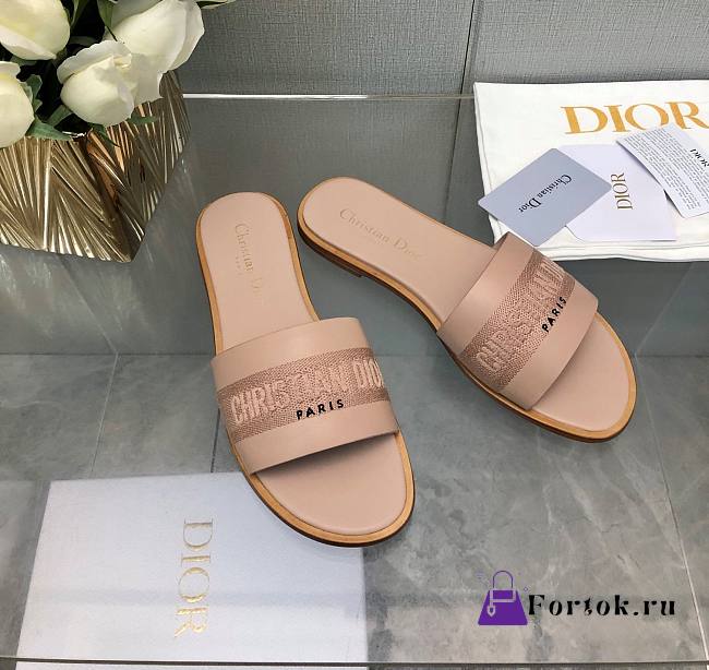 Fortok Dior Dway Slide Nude Calfskin and Embroidered Cotton - 1