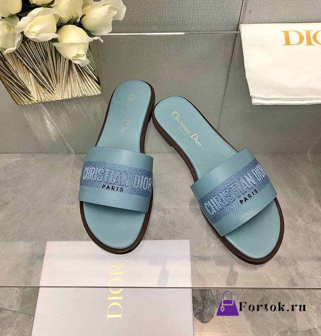 Fortok Dior Dway Slide Blue Calfskin and Embroidered Cotton - 1
