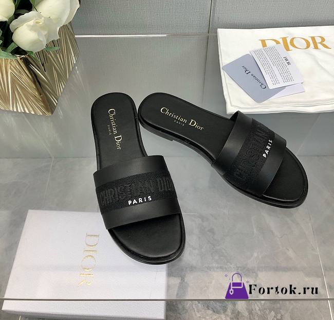 Fortok Dior Dway Slide Black Calfskin and Embroidered Cotton - 1