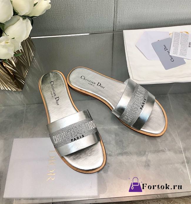 Fortok Dior Dway Slide Silver Calfskin and Embroidered Cotton - 1