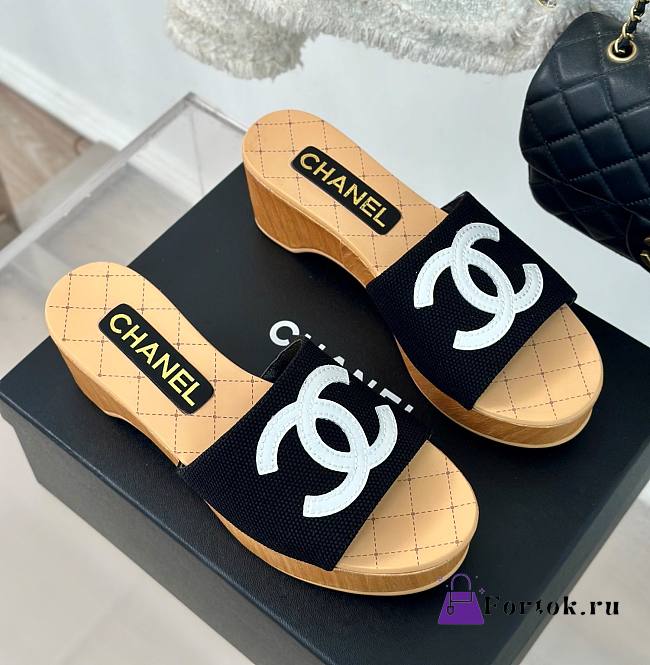 Fortok Chanel Black Mesh Neoprene CC Wooden Slide Sandals - 1
