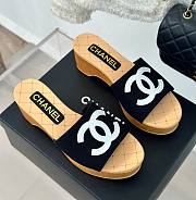Fortok Chanel Black Mesh Neoprene CC Wooden Slide Sandals - 1
