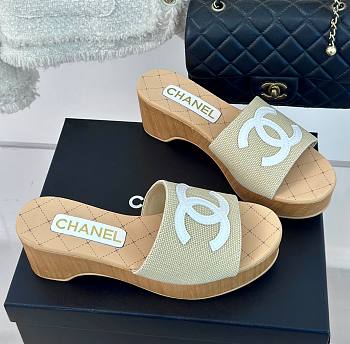 Fortok Chanel Beige Mesh Neoprene CC Wooden Slide Sandals