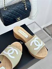 Fortok Chanel Beige Mesh Neoprene CC Wooden Slide Sandals - 2