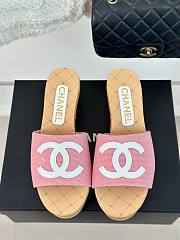 Fortok Chanel Pink Mesh Neoprene CC Wooden Slide Sandals - 5
