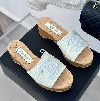 Fortok Chanel White Mesh Neoprene CC Wooden Slide Sandals