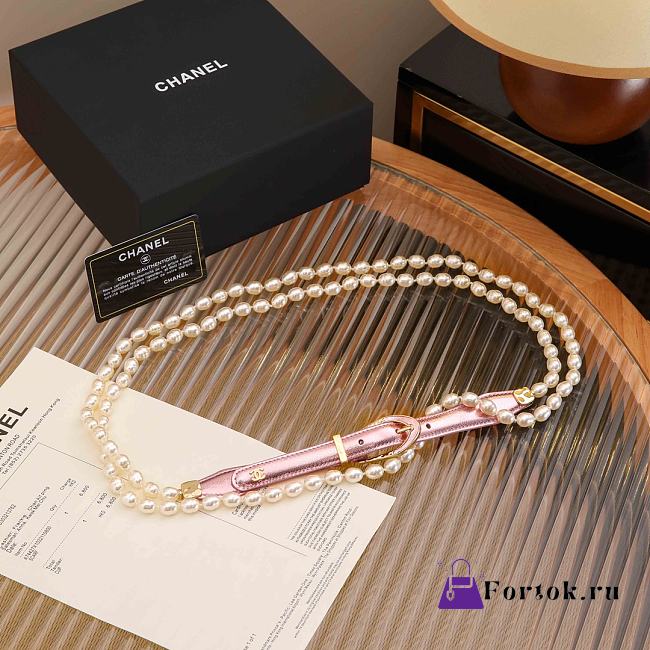 Fortok Chanel 24C Pink Calfskin Belt With Pearsl and Golden Metal - 1