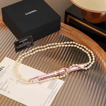 Fortok Chanel 24C Pink Calfskin Belt With Pearsl and Golden Metal