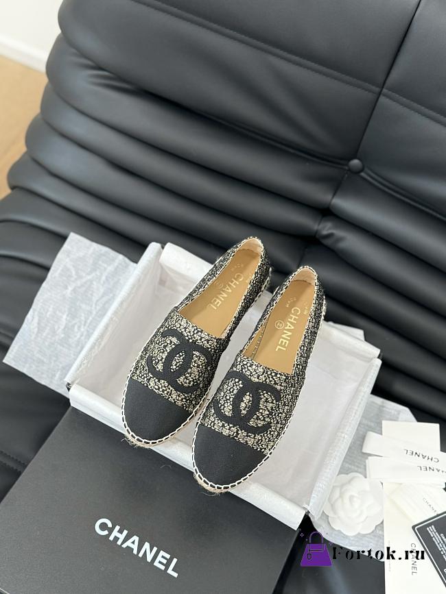 Fortok Chanel Espadrille Tweed Cap Toe Flats Black and Beige - 1