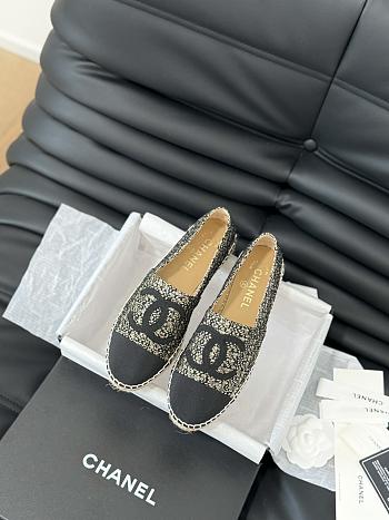 Fortok Chanel Espadrille Tweed Cap Toe Flats Black and Beige