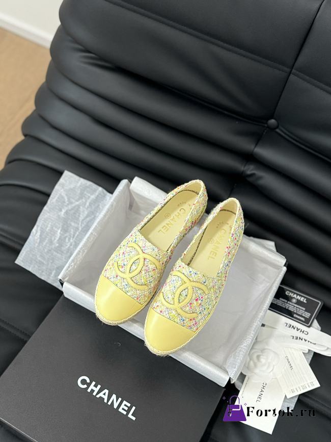 Fortok Chanel Espadrille Tweed Cap Toe Flats Yellow - 1