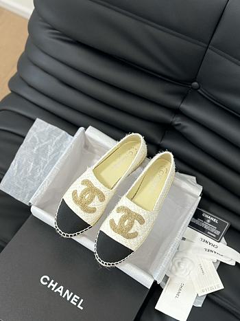 Fortok Chanel Espadrille Tweed Cap Toe Flats White