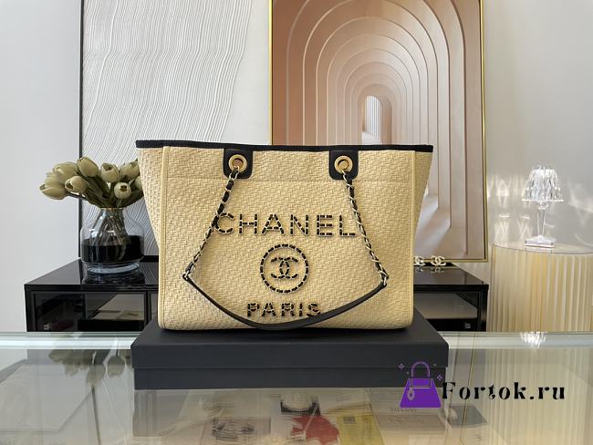 Fortok Chanel Deauville Large Shopping Bag Raffia in Beige 34x26x17cm - 1