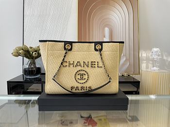 Fortok Chanel Deauville Large Shopping Bag Raffia in Beige 34x26x17cm