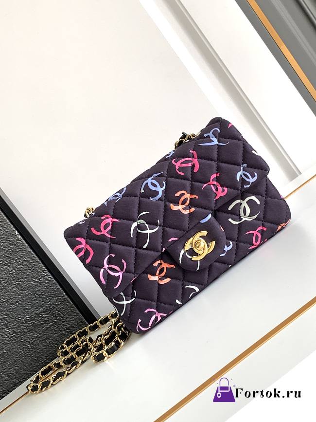 Fortok Chanel CF Bag Printed Fabric & Gold-Tone Metal Black & Multicolor Bag 20cm - 1