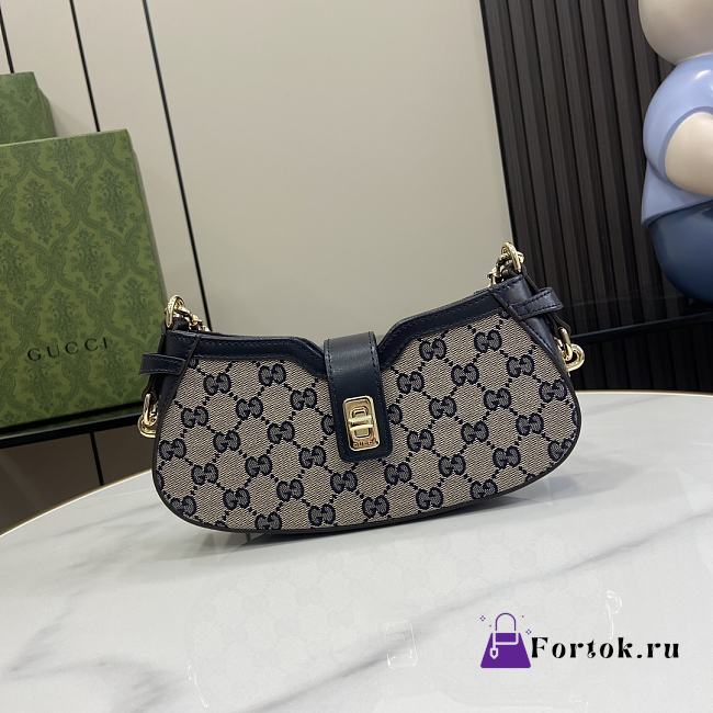 Fortok Gucci Moon Side Mini Shoulder Bag Beige & Blue Original GG Canvas 786015 12x24x5cm - 1