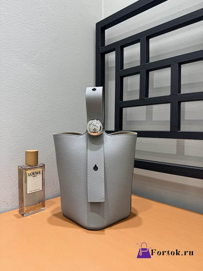 Fortok Loewe Mini Pebble Bucket Bag in Grey Silver Hardware 19cm - 1