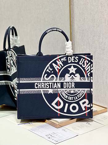 Fortok Dior Large Book Tote Jute Canvas Embroidered Blue 1286 42×35×18.5cm