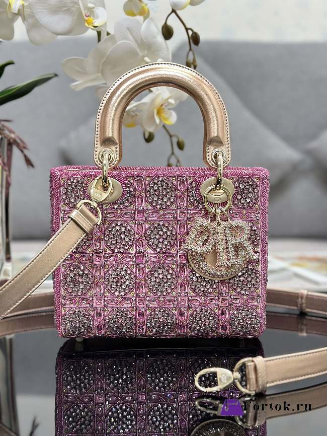 Fortok Dior Mini Lady Metallic Calfskin and Satin Embroidery Pink Bag - 1