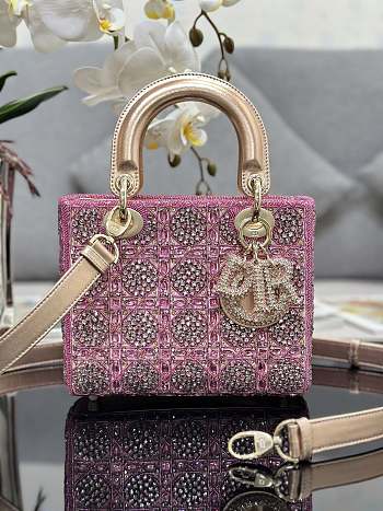 Fortok Dior Mini Lady Metallic Calfskin and Satin Embroidery Pink Bag