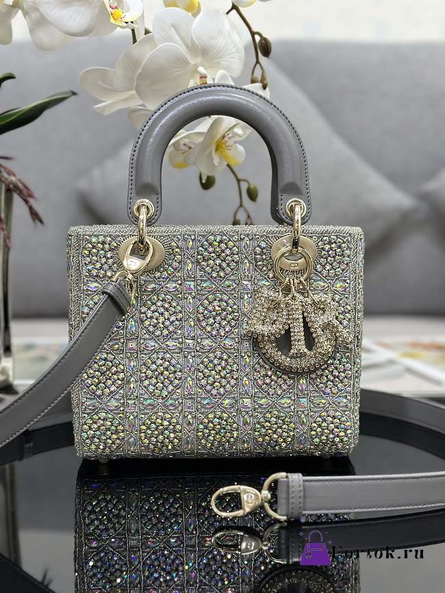 Fortok Dior Mini Lady Metallic Calfskin and Satin Embroidery Grey Bag - 1
