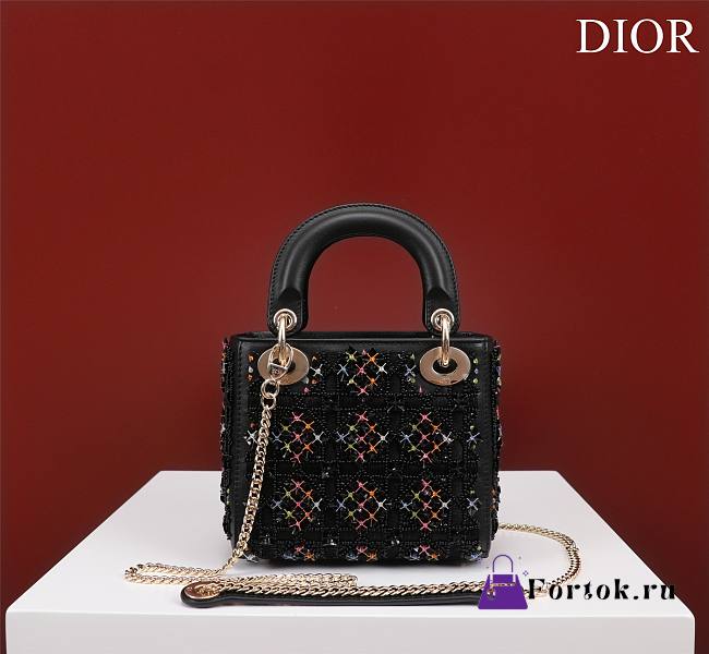 Fortok Dior Lady Lady Diana Three-color Bead Bag Black 17x15x7cm  - 1