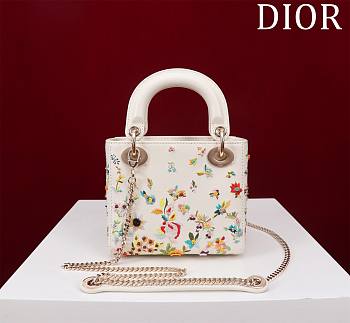 Fortok Dior Mini Lady Dior Bag Latte Calfskin Embroidered with Multicolor Small Flowers 17x15x7cm