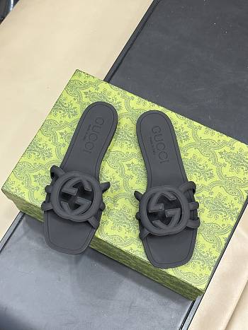 Fortok Gucci Interlocking G Slide Sandals Black Rubber