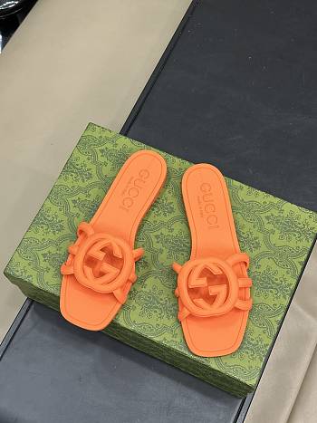 Fortok Gucci Interlocking G Slide Sandals Orange Rubber