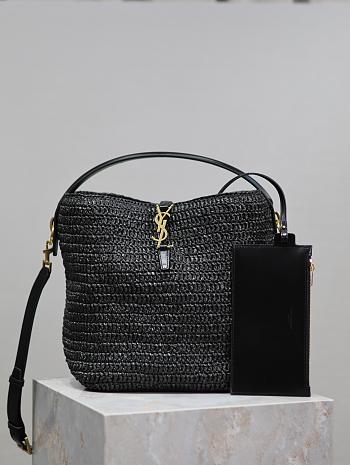 Fortok Saint Laurent LE37 In Woven Raffia And Vegetable-Tanned Leather Bag Black 20×25×16cm