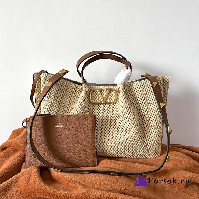 Fortok Valentino Medium Straw Summer Tote Bag in Beige 35x25x17cm - 1