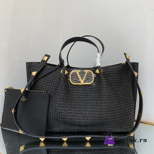 Fortok Valentino Medium Straw Summer Tote Bag in Black 35x25x17cm - 1