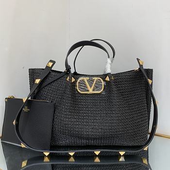 Fortok Valentino Medium Straw Summer Tote Bag in Black 35x25x17cm