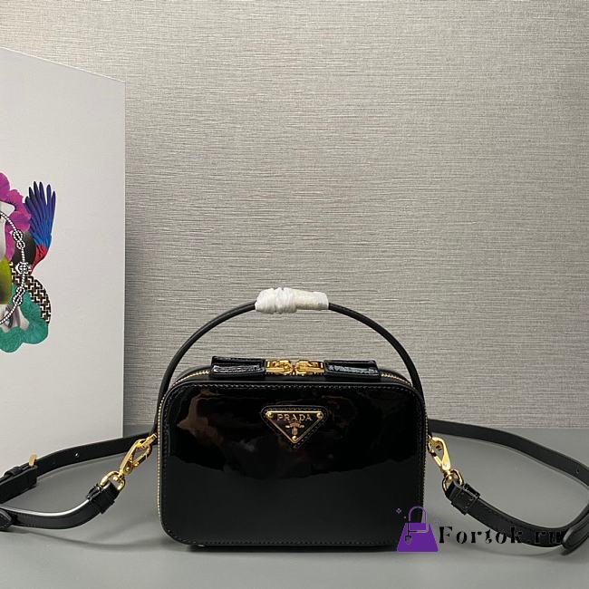 Fortok Prada Black Patent Leather Top-Handle Bag 1BH206 17.5x10.5x4.5cm - 1
