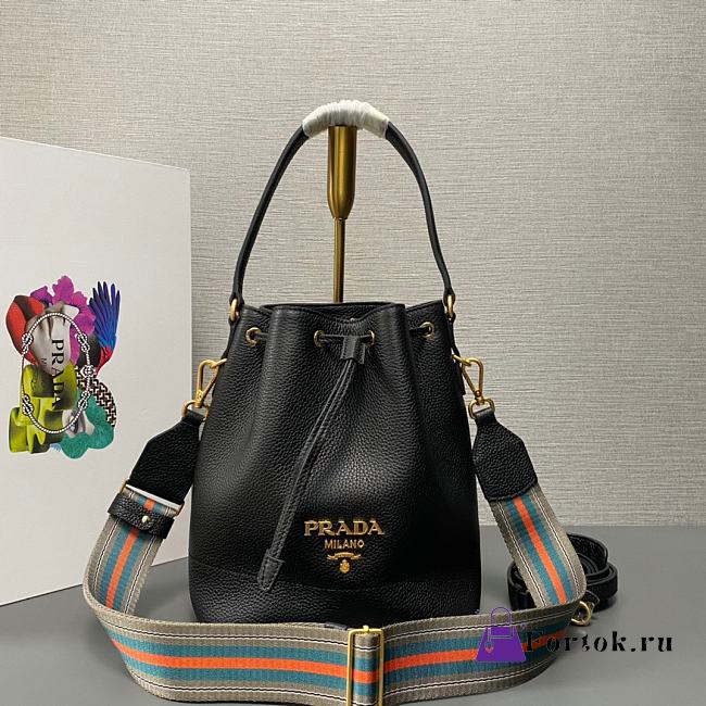 Fortok Prada Black Leather Bucket Bag 1BE018 21×25×15cm - 1