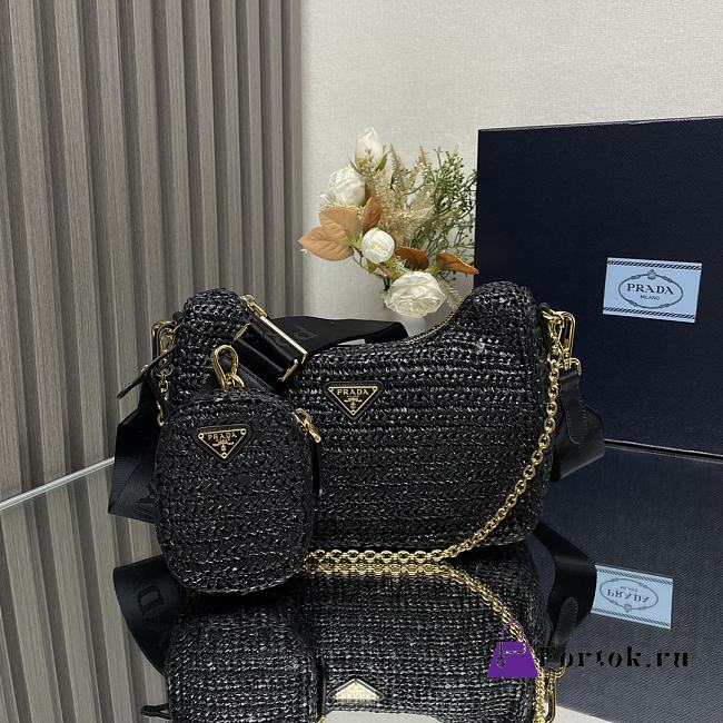 Fortok Prada Black Raffia and Leather Re-Edition 2005 Shoulder Bag 1BH204 23x16x7cm - 1