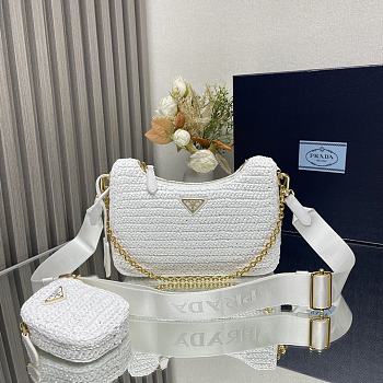 Fortok Prada White Raffia and Leather Re-Edition 2005 Shoulder Bag 1BH204 23x16x7cm