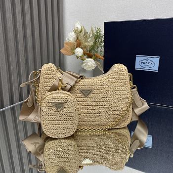 Fortok Prada Beige Raffia and Leather Re-Edition 2005 Shoulder Bag 1BH204 23x16x7cm