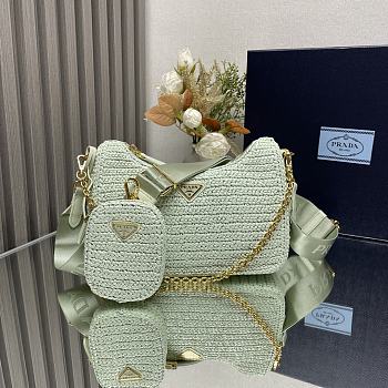 Fortok Prada Green Mint Raffia and Leather Re-Edition 2005 Shoulder Bag 1BH204 23x16x7cm