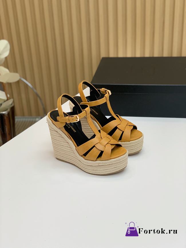 Fortok Saint Laurent Yellow Calfskin T-Strap Espadrille Platform Sandals - 1