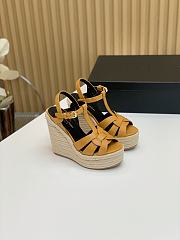 Fortok Saint Laurent Yellow Calfskin T-Strap Espadrille Platform Sandals - 1